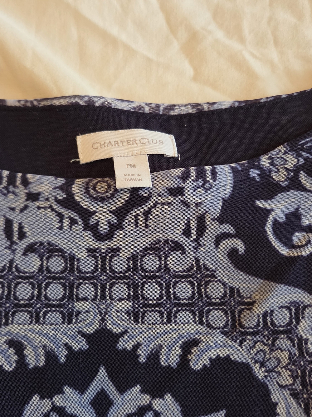 Charter Club Navy and Light Blue Damask Blouse Long Sleeve